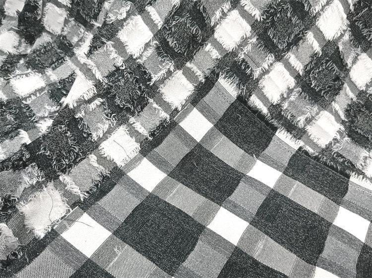Tissu jacquard à carreaux bleus ��� Franges texturées pour travaux manuels"