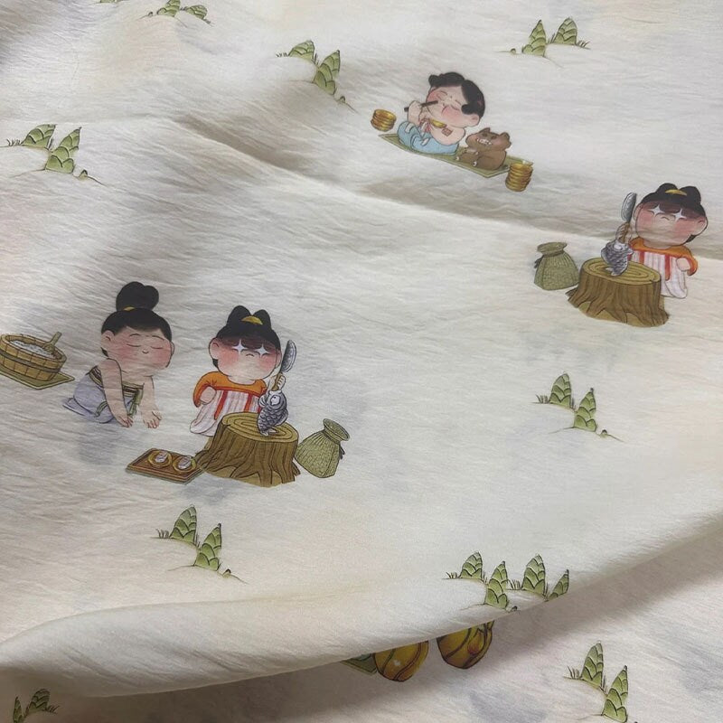 Tissu Tencel Ramie : Imprimé Dame de la dynastie Tang, Couture et Ameublement - Au mètre