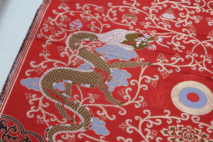 Red Dragon Brocade Fabric: Chinese Cheongsam, Tibetan Robe (Silk/Rayon)