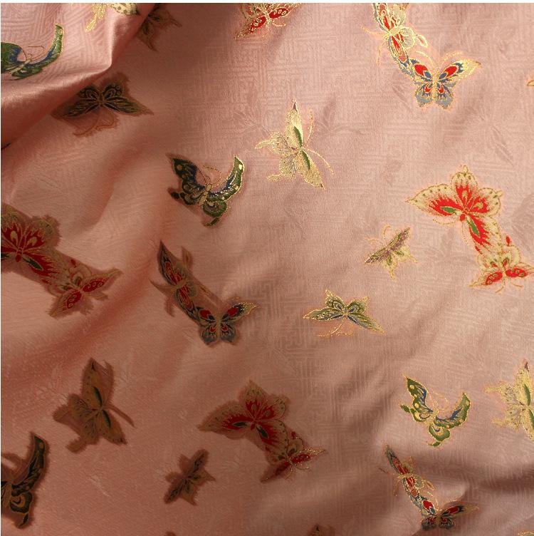 Butterfly Gold Weaving Rayon Fabric: Mongolian Tibetan Pattern, 58"W