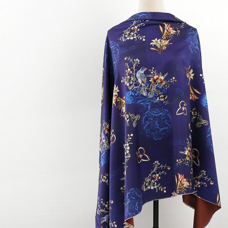 Bird Print Tea Silk Satin Fabric - 59"W Floral Upholstery
