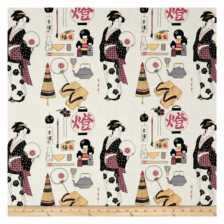 Geisha Dance Print Fabric: Japanese Cotton Spandex Blend