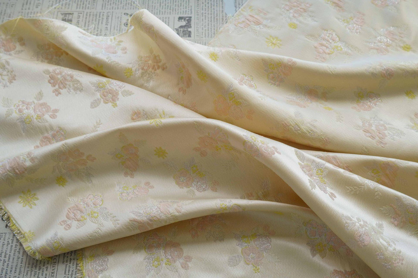 Woven Jacquard Fabric: Pink Yellow Embossed Upholstery, Costume, Handbag - 60"W