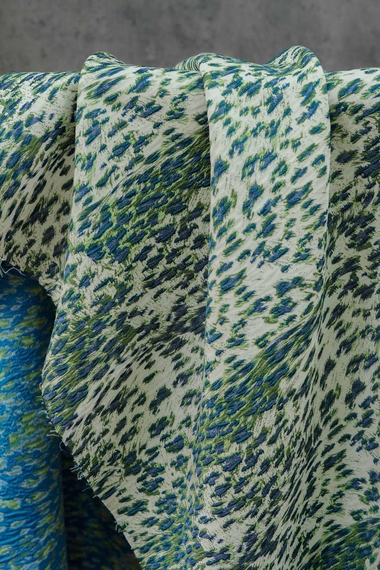 Blue Green Embossed Leopard Jacquard Fabric, Textured Animal Print Upholstery & Sewing Material,