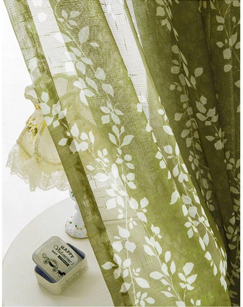 Apple Green Linen Curtain Fabric: Floral Print Veil, 110" H