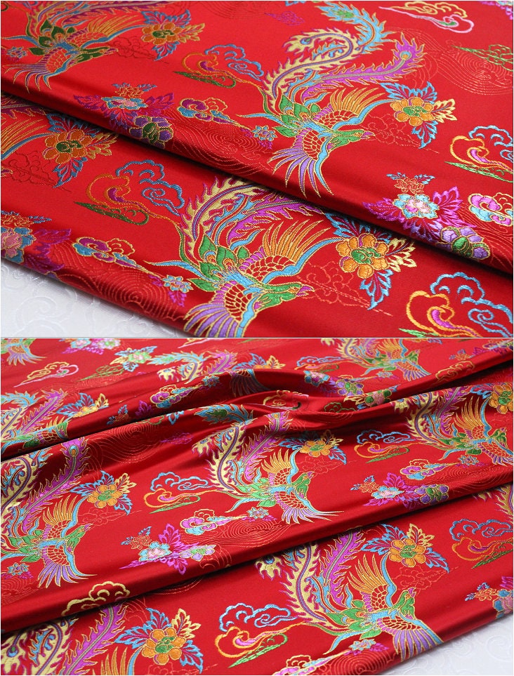 Tissu brocart Phoenix : Robe de mariée chinoise Cheongsam en satin de soie