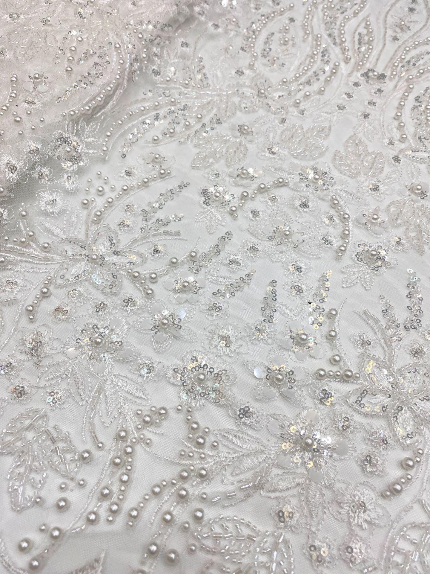 Beaded Sequin Lace Fabric: Floral Appliqu�� Embroidery, Bridal Wedding Dress"W)
