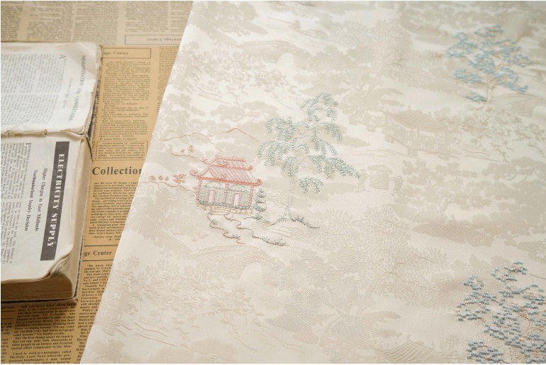 Embroidered Jacquard Fabric: Apricot Ancient Paintings, 59" Wide