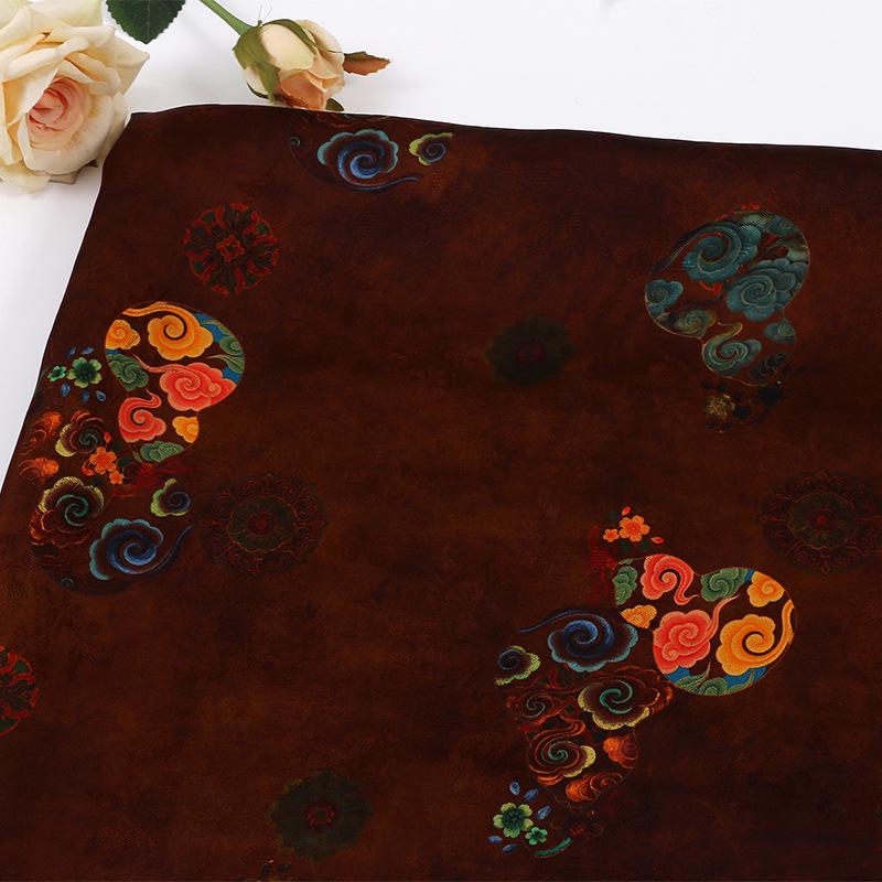 Brown Silk Fabric: Gourd Xiangyun Print, Cheongsam Dressmaking, 59" Wide