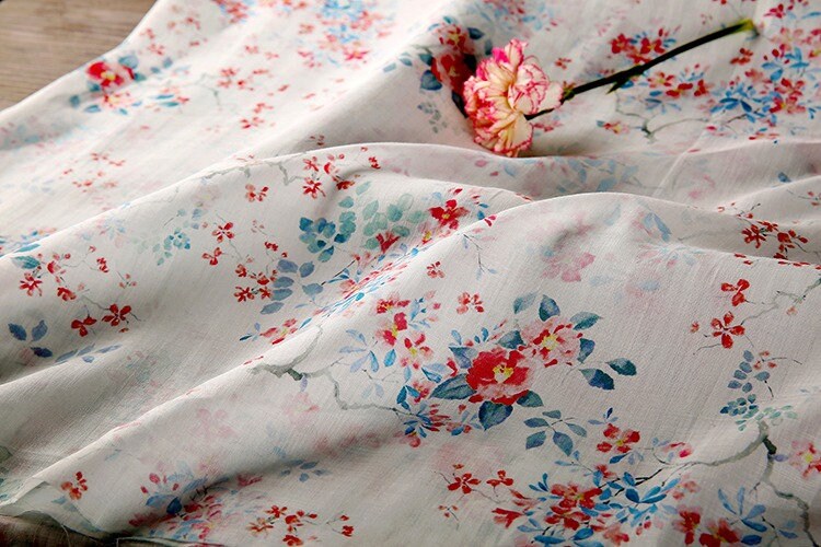 Floral Ramie Fabric: White Cotton Flower Print, 57" Wide