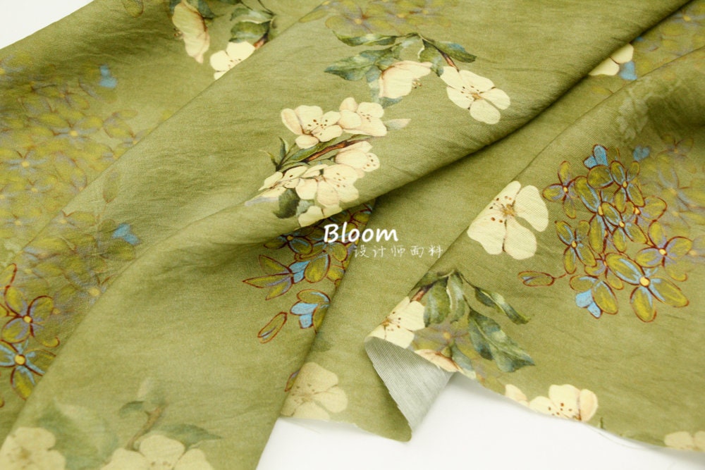 Floral Autumn Green Hemp Tencel Linen Fabric: Sewing & Crafts