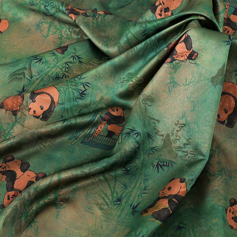 Panda Bamboo Print Tea Silk Satin Fabric - 59"W