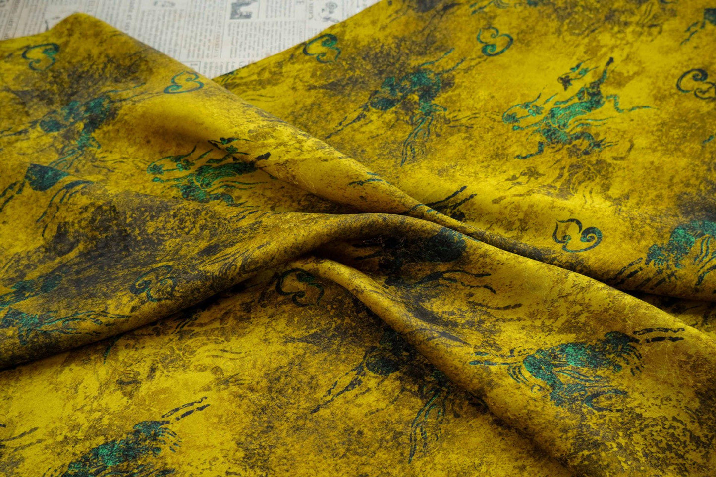 Good Fortune Tea Silk Satin Fabric: Digital Print Upholstery, Costume, Decor (55"W)