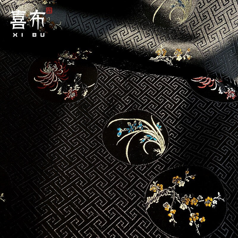 Floral Silk Brocade Fabric: Chinese Plum, Orchid, Bamboo - 29.5" Wide