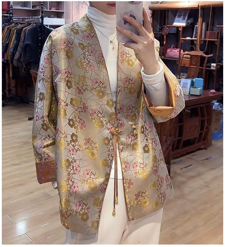 Plum Blossom Silk Brocade Fabric: Gold Cheongsam Qipao Material - Poppylollipop
