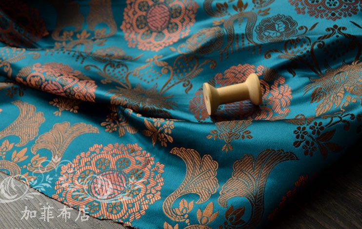 Floral Brocade Fabric: Chinese Fu Shou Style, 35" Wide, Costume Sewing