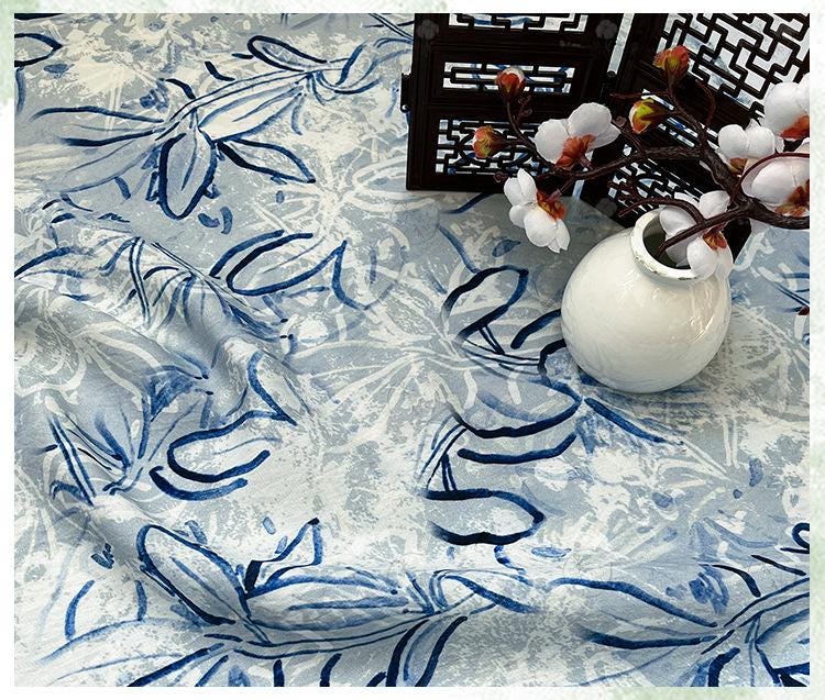 Tissu satin de coton imprimé numérique bleu – Tissu doux pour robes, patchwork, couture DIY, loisirs créatifs, motifs floraux et abstraits, 59 cm