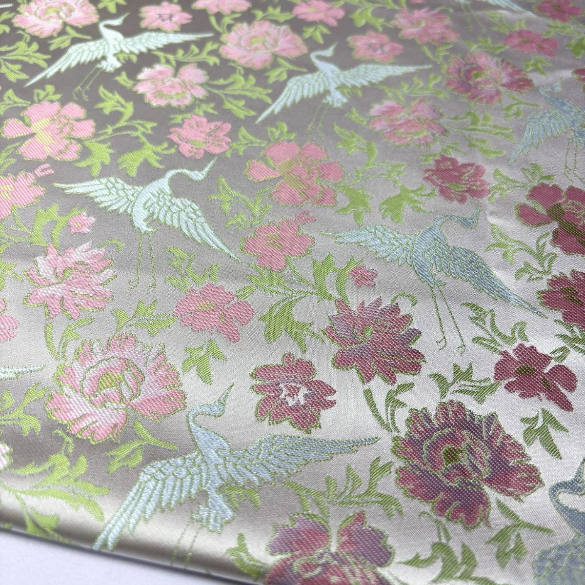 Flower and Cranes Jacquard Satin Brocade Fabric: Antique Cheongsam Sewing, 57"W