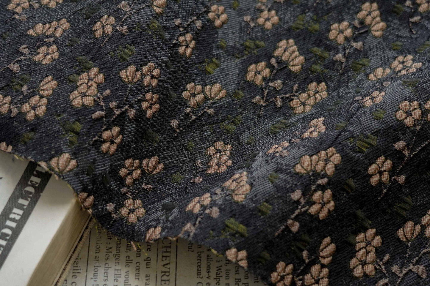 Vintage Jacquard Fabric with Black Base and Small Floral Pattern ��� Textured Brocade Cheongsam Materi"Wide