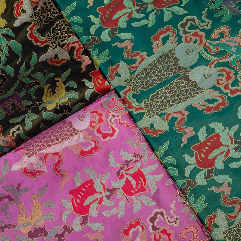 Pisces Double Fish Brocade Fabric: Chinese Silk Rayon Blend