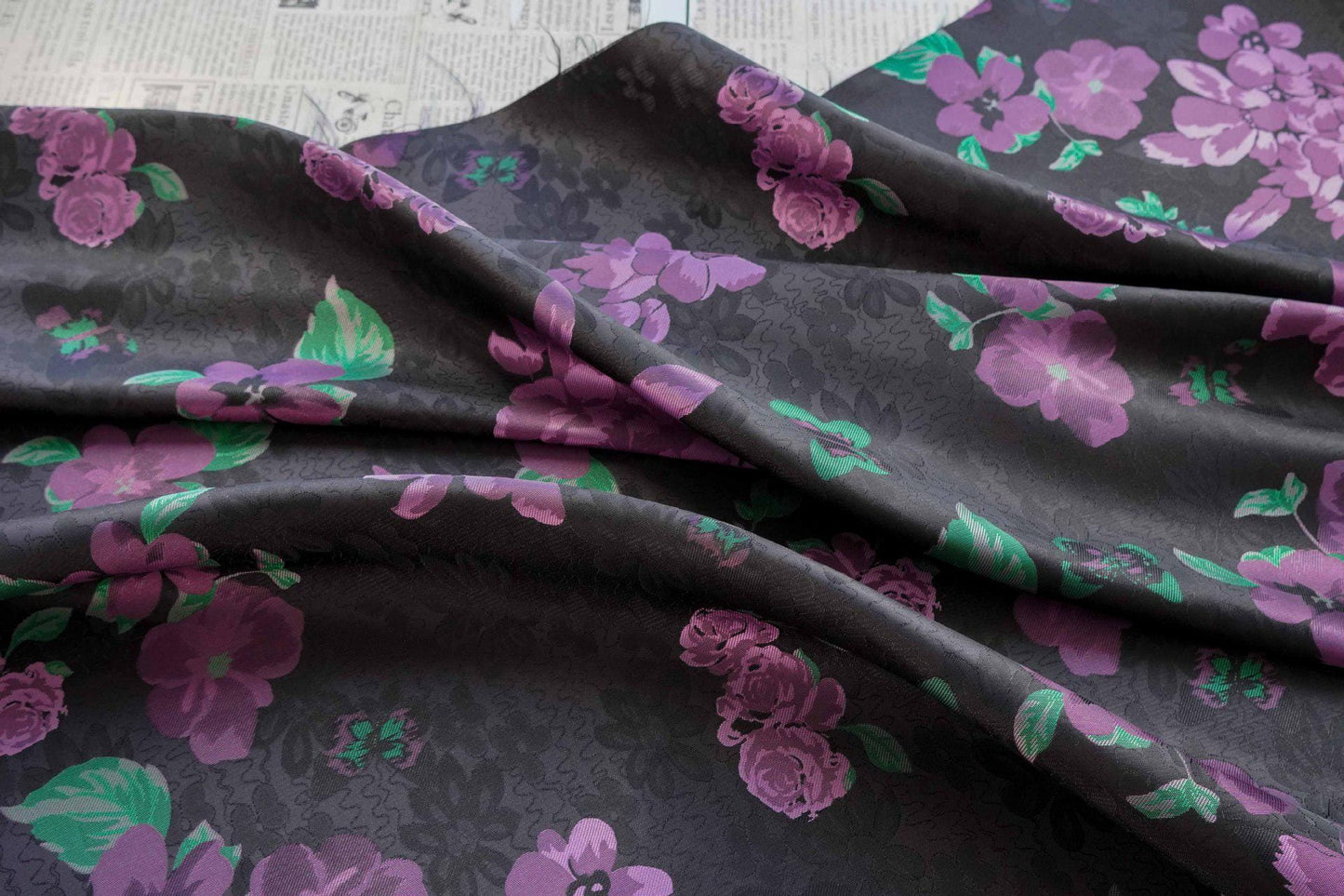 Black Jacquard Qipao Fabric with Purple Floral Pattern ��� Chinese Brocade Upholstery, Quilting, Cheongsam Sewing Fabr"Wide