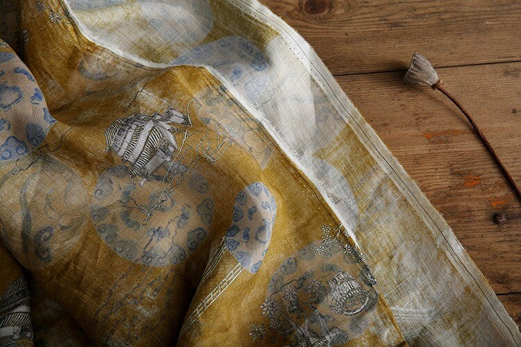 Ancient Building Print Ramie Fabric: Natural Fiber Sewing Material