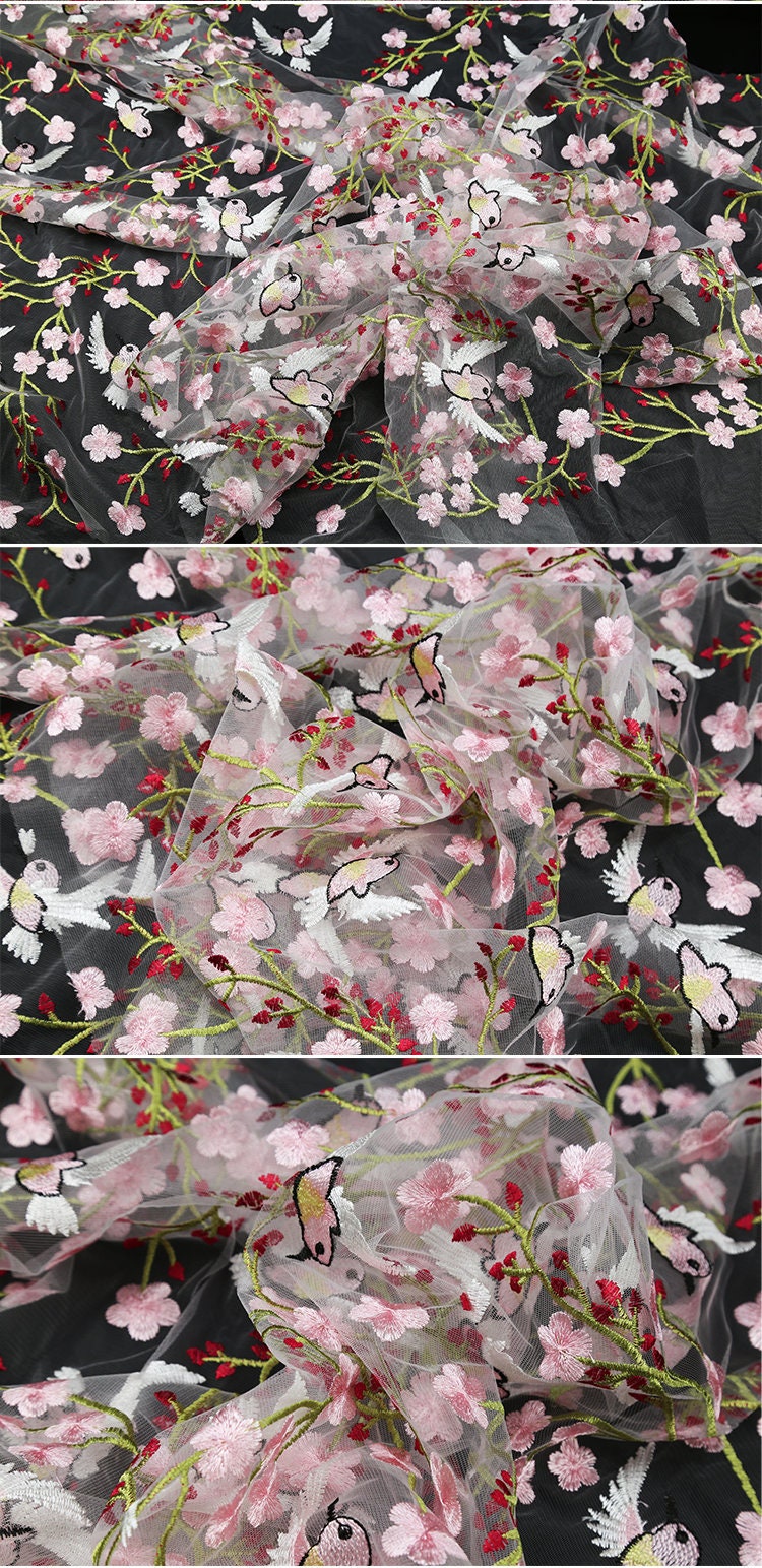 Floral Bird Embroidery Lace Fabric: Bridal Wedding Tulle (53"W)