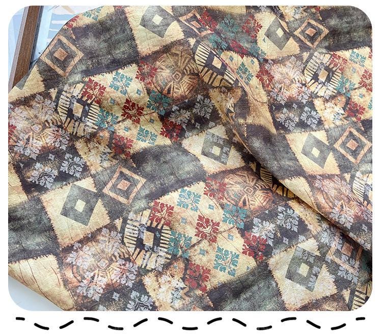 Tissu Tencel Ramie bohème : motif patchwork imprimé, 150 cm de large, vendu au mètre