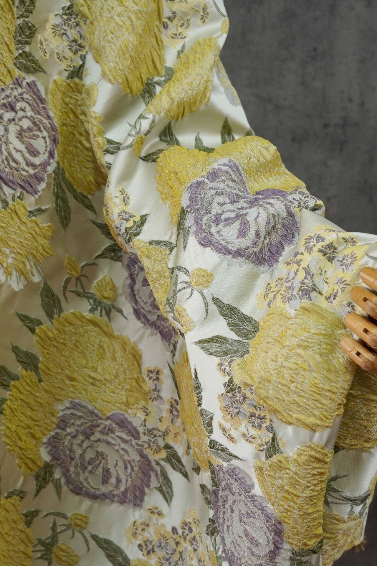 3D Embossed Purple & Yellow Peony Jacquard Fabric, Floral Brocade Textile