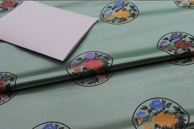 Pea Green Floral Brocade Fabric: Cheongsam Qipao Sewing Material - Poppylollipop