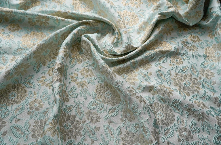 Gold Thread Floral Jacquard Fabric: Mint Green 3D Texture (55" W)