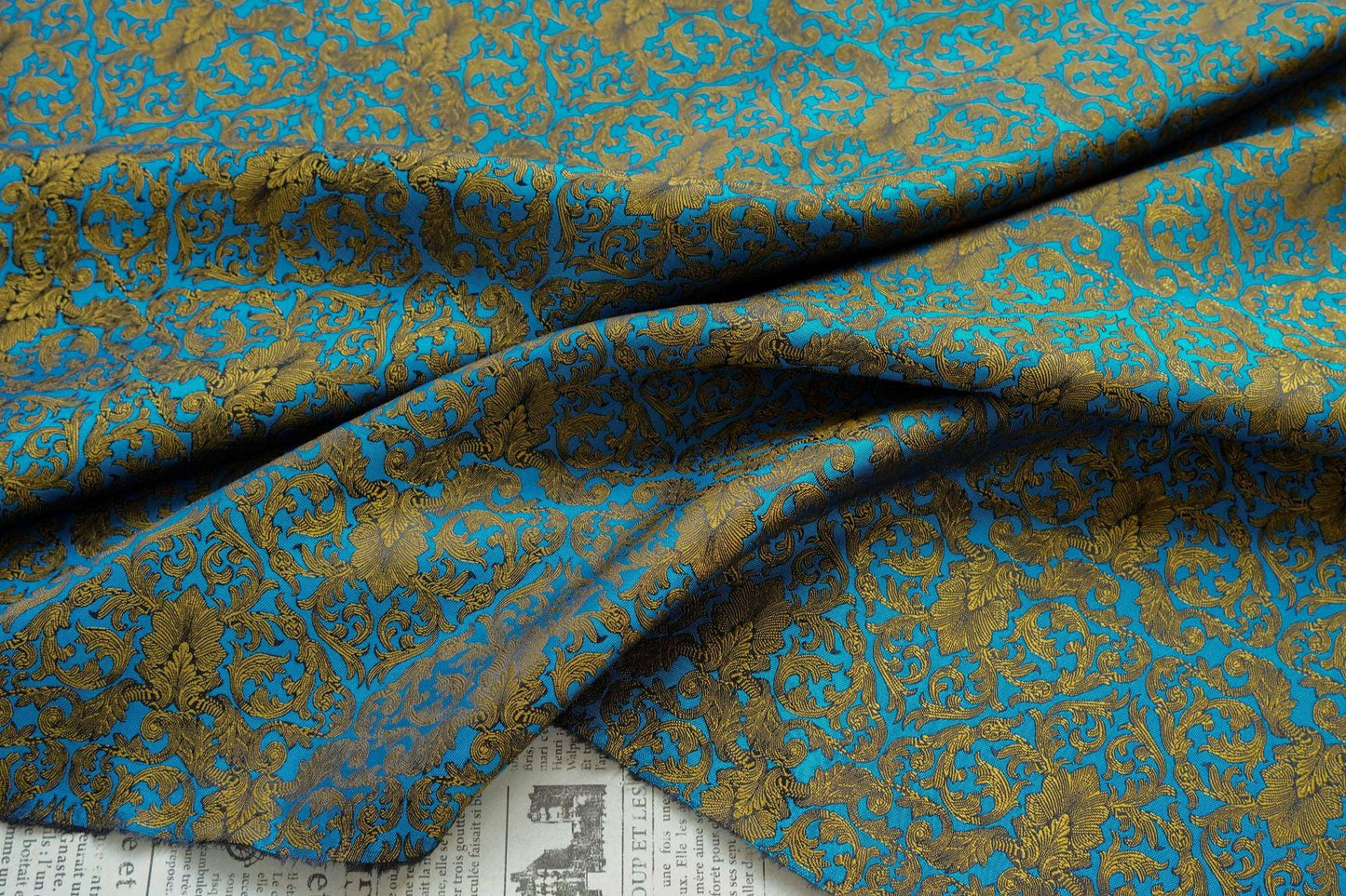 Blue & Gold Floral Jacquard Fabric: European Palace Style, 59" Wide