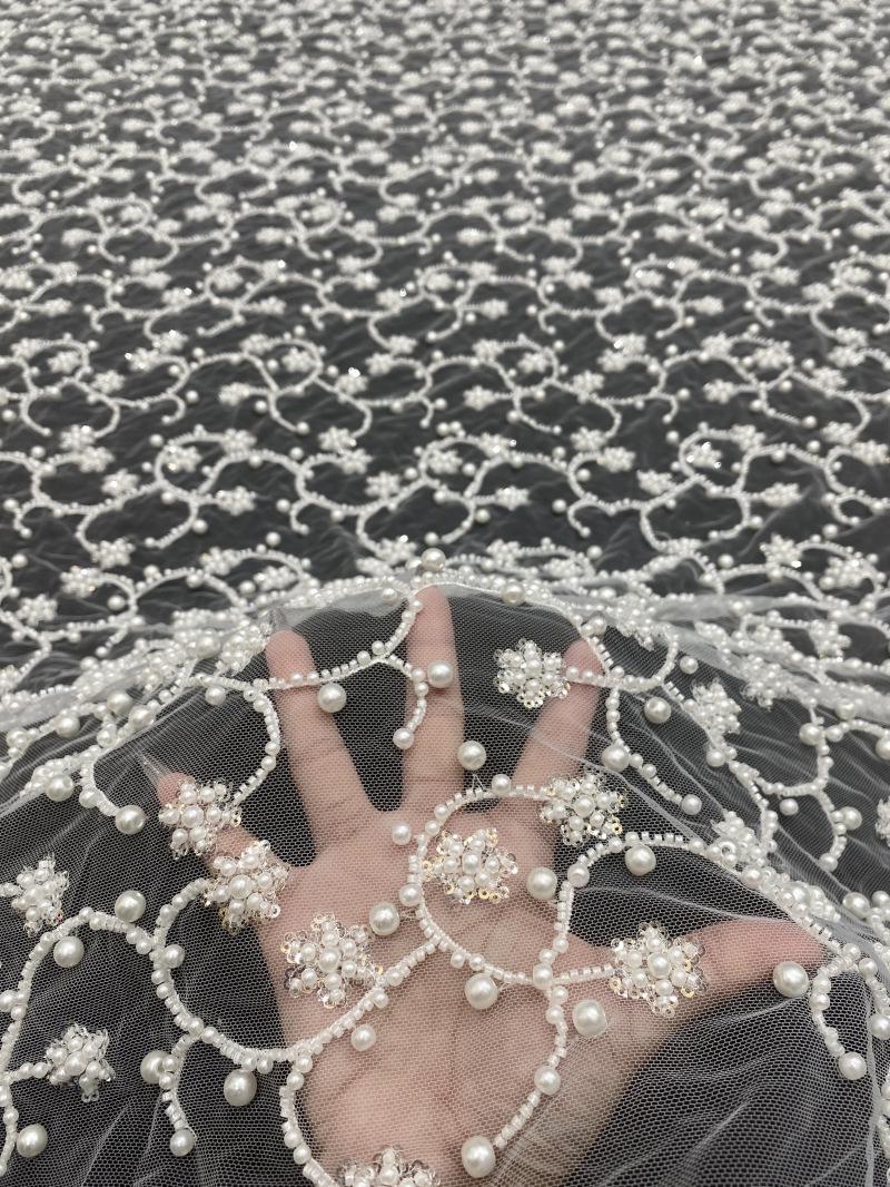 High-End Beaded & Sequin Fabric ��� 4/6/8mm Pearl Embroidery, Wedding Dress, Bridal Gown Material, Prom Dress, Luxury Fashion Fabr"Wide