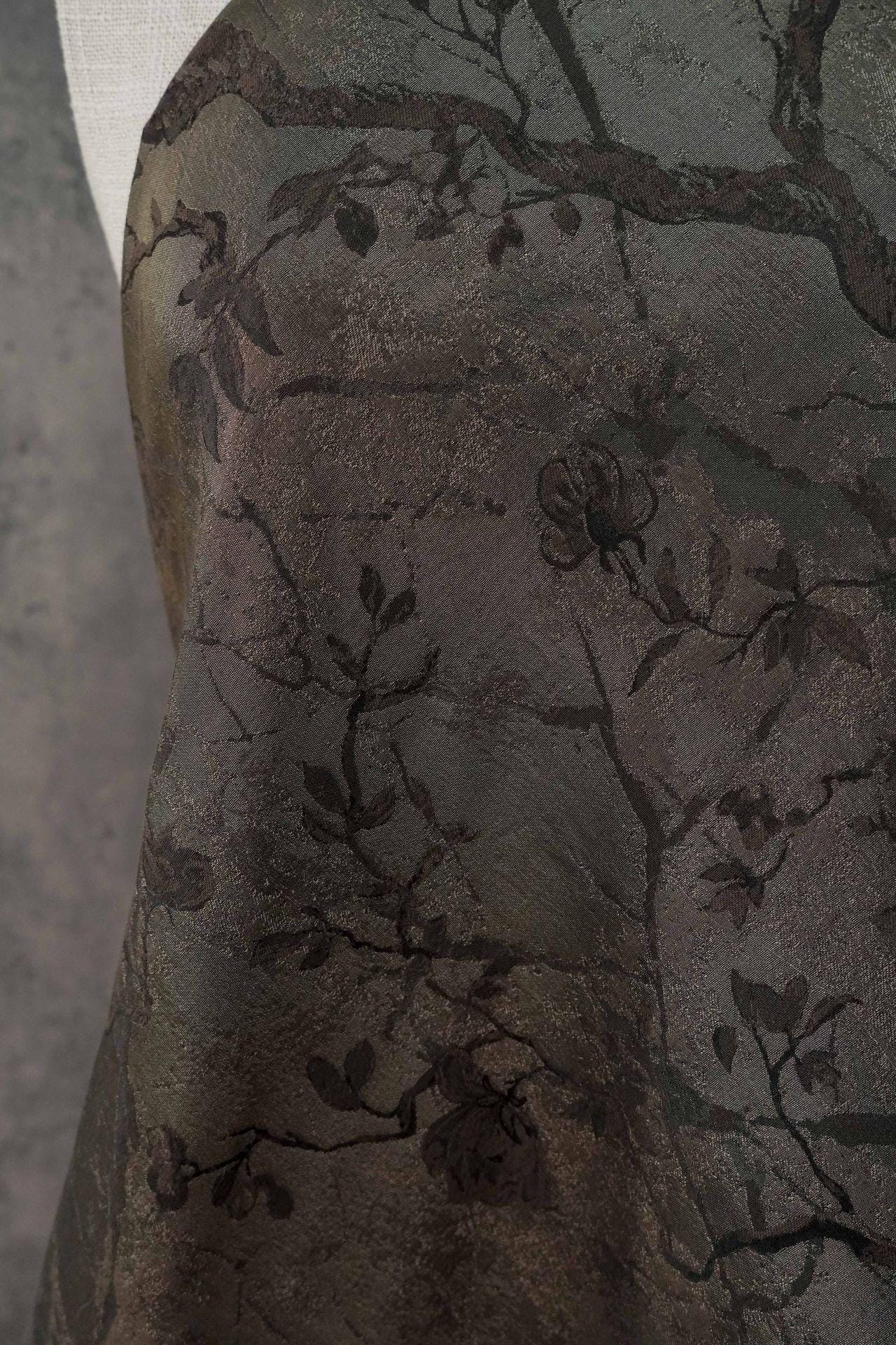 Ink Wash Floral Yarn-Dyed Fabric ��� Black Asian Botanical Quilting Fabric, Upholstery & Home Decor Textile, 62''W Designer