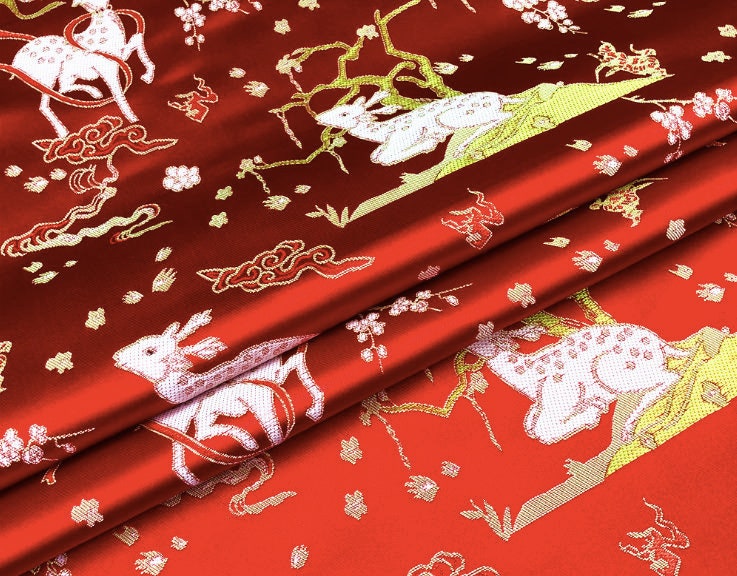 Christmas Reindeer Brocade Fabric: Red Holiday Sewing Material