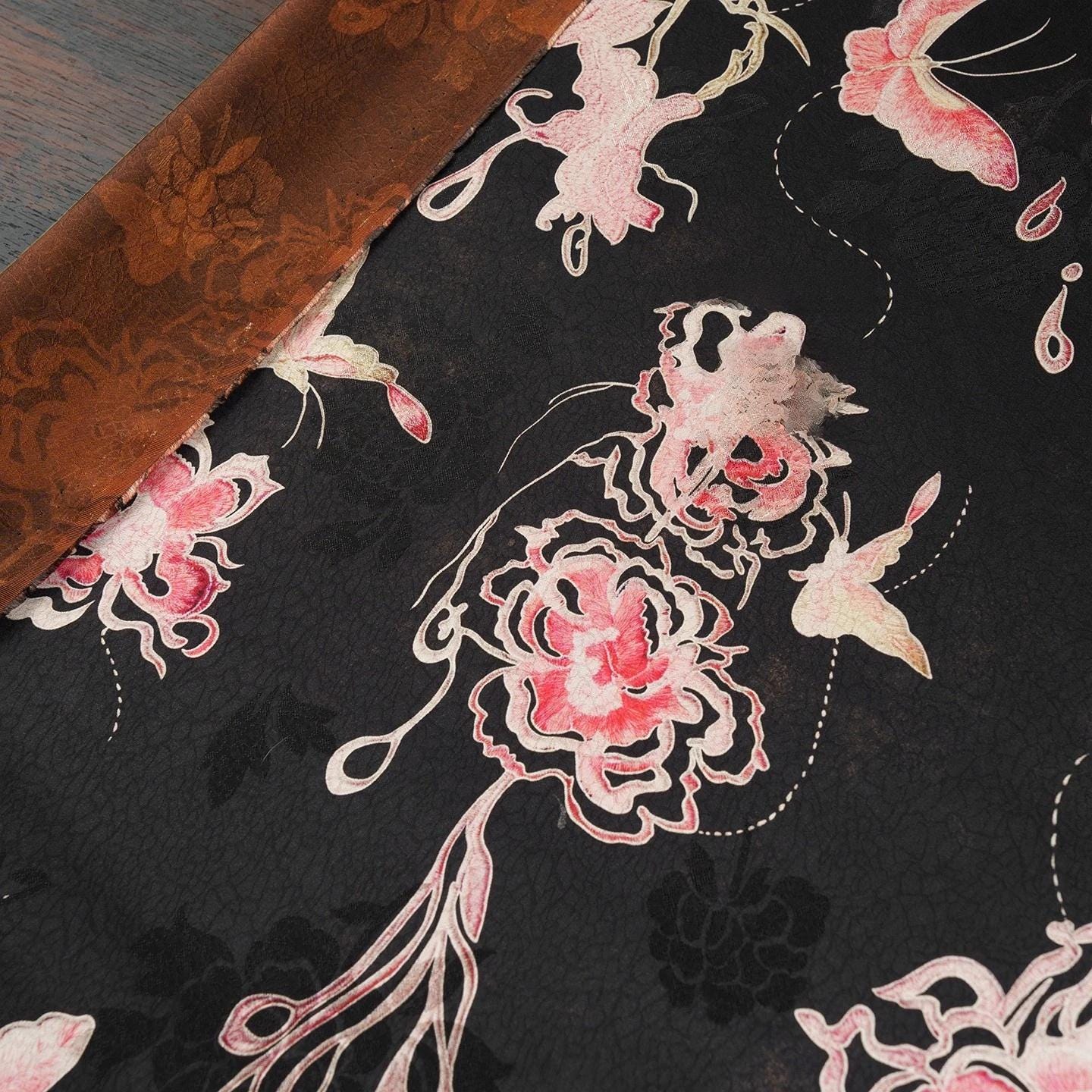 Black Butterfly Floral Xiangyun Silk Fabric ��� Smooth, Skin-Friendly Printed Sandwashed rayo