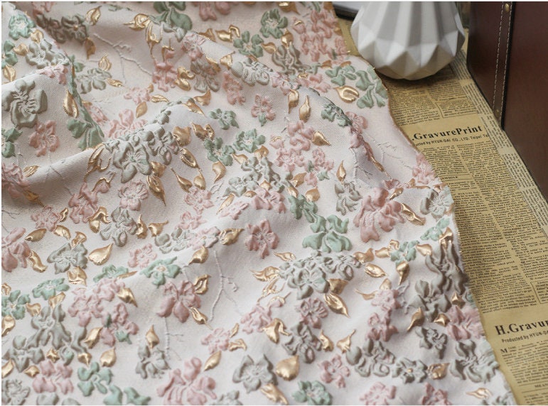 Jacquard Flower Fabric: Gold Embossed 3D Bubble Design, 55" Wide