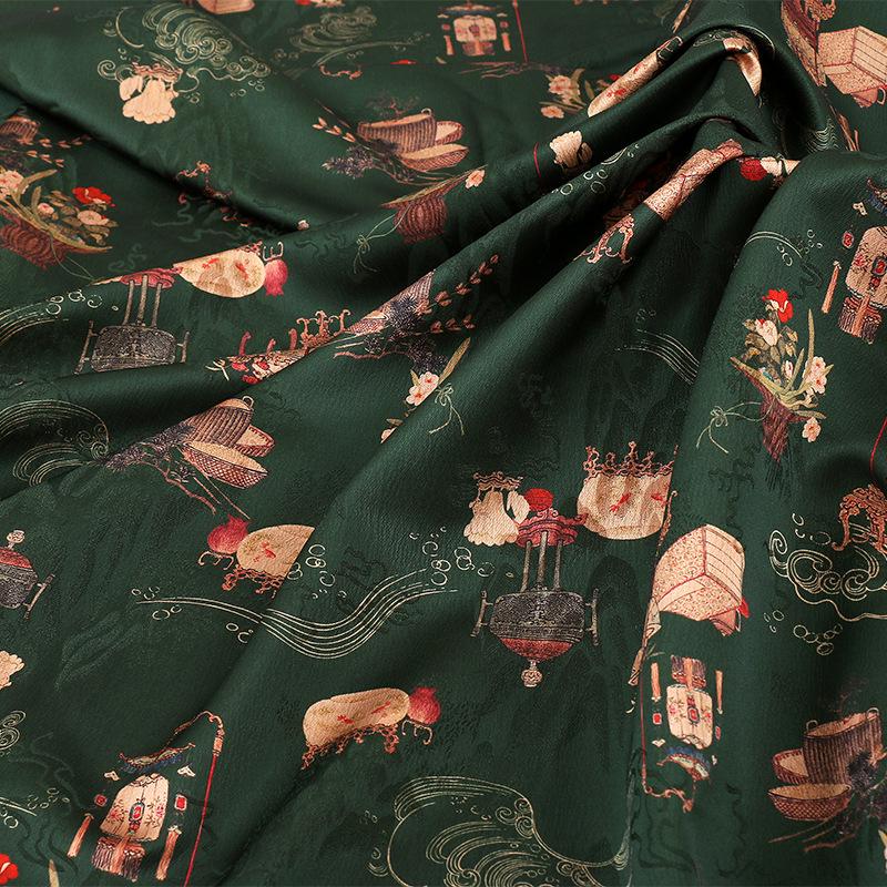 Ancient Ladies Tea Silk Satin Fabric: 59"W Digital Print Sewing Material - Poppylollipop