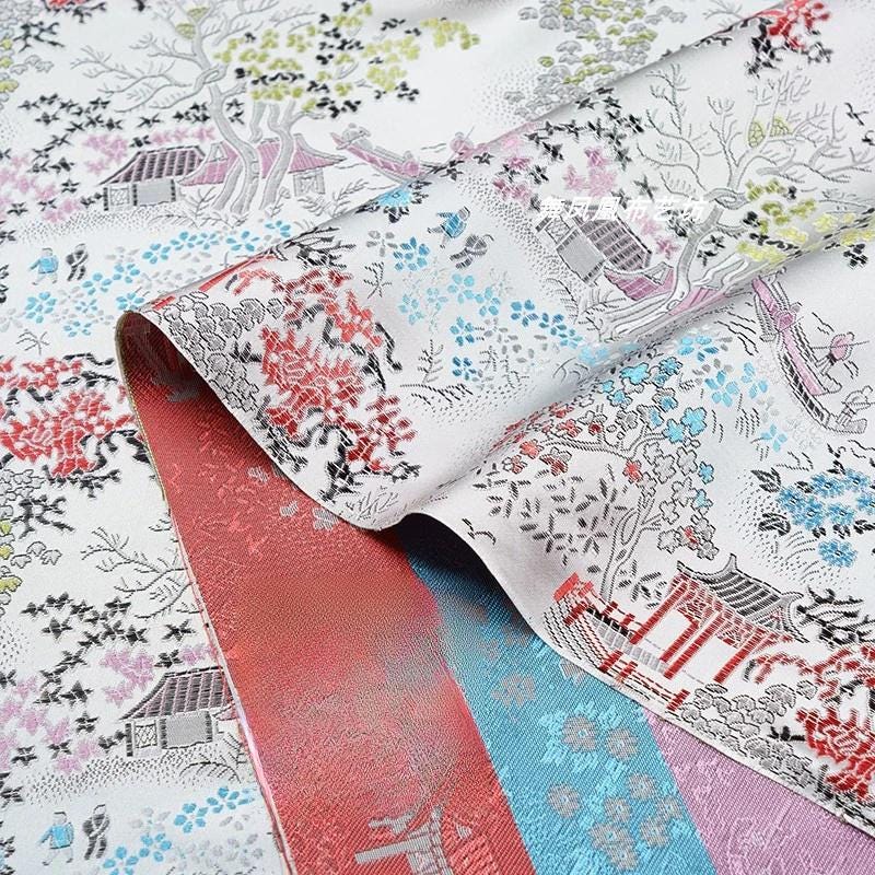 Silver White Brocade Fabric: Ancient Chinese Painting Pattern, 45" Wide
