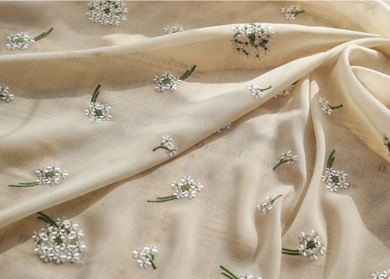 Hydrangea Embroidered Chiffon Fabric: Apricot Sheen, 57" Wide - By The Meter