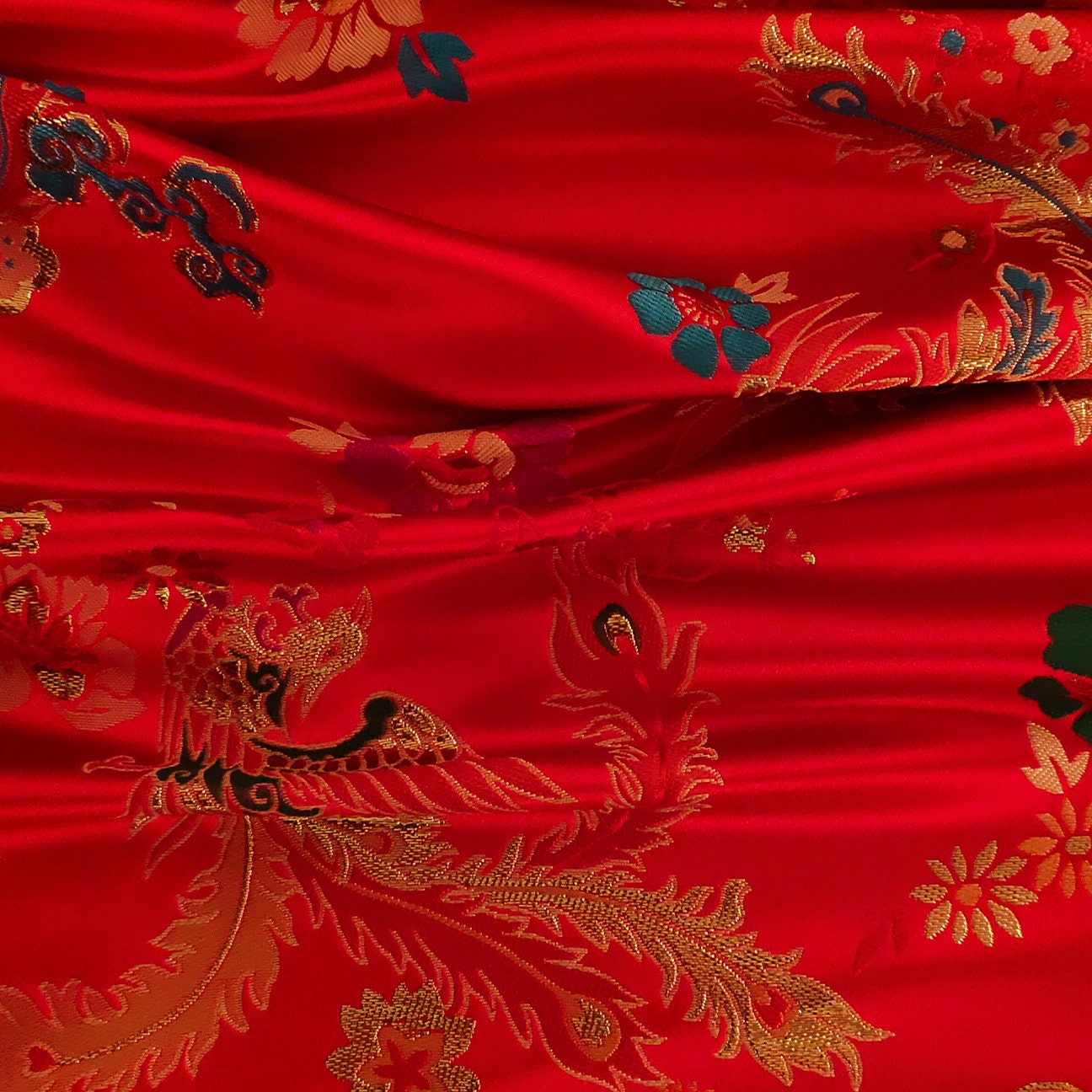 29.5"W Birds Fabric, A hundred birds are paying homage to a phoenix pattern Jacquard Satin Fabric, Upholstery, Quilting and Sewing fabric