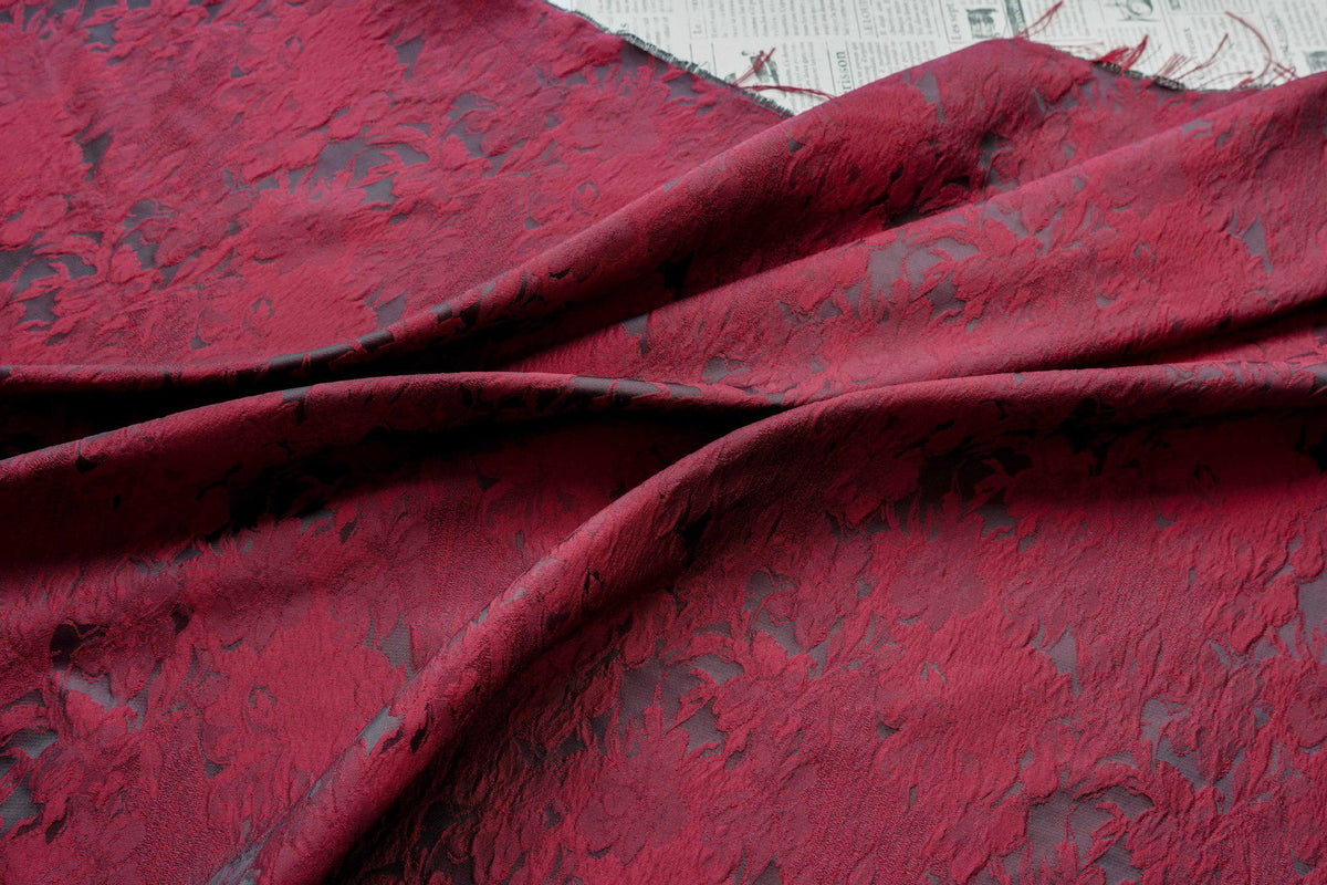 Luxurious Vintage Dark Red 3D Floral Woven Jacquard Fabric, 58"Wide - Poppylollipop