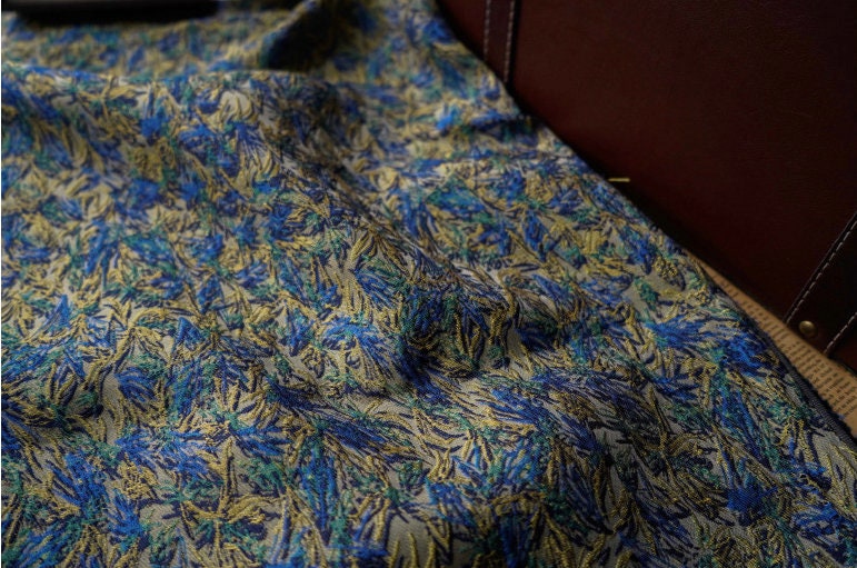 Vintage Blue Floral Jacquard Fabric: Oil Painting Style, 55" Wide