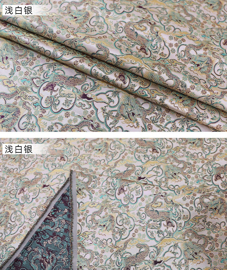 Tissu brocart Dragon Argenté : 150 cm de large, rayonne, matériau de couture