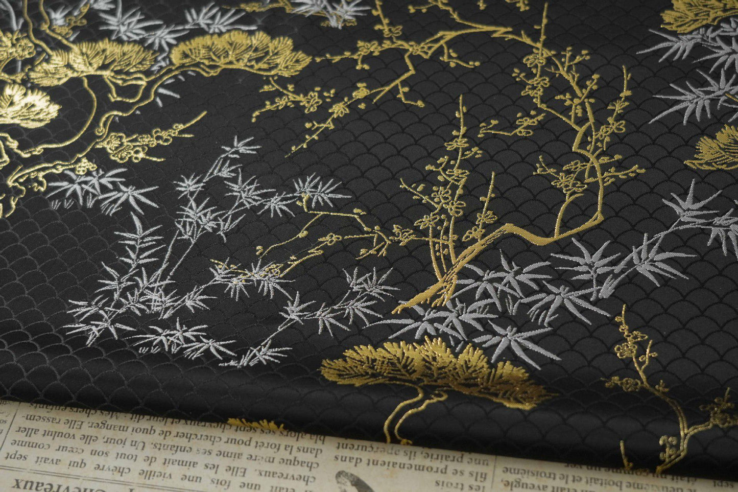 Japanese Kirin Nishijin Brocade Fabric: Black Upholstery, Costume, Decor (65" Wide)