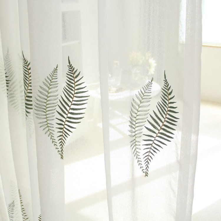 White Linen Blend Curtain Fabric: Fern Embroidery, Light Filtering