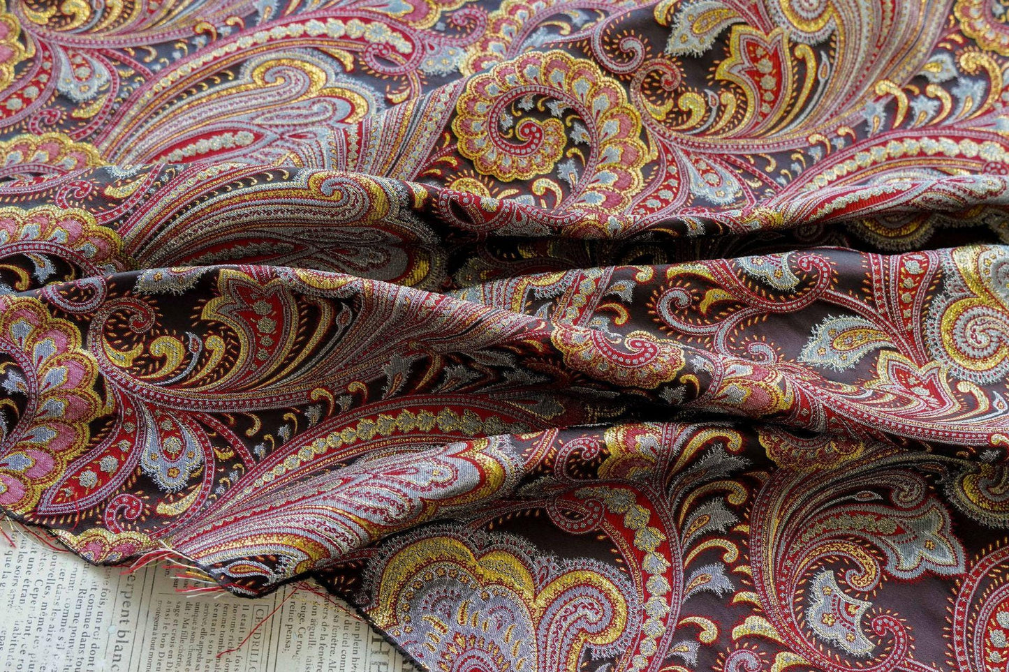 French Abstract Floral Jacquard Fabric: Gold Thread Embossed Woven - 63"W