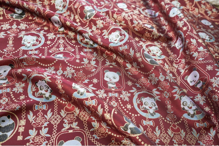 Panda Jacquard Fabric With Gold Thread: 59" Wide, Cheongsam Costume Decor
