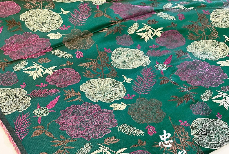 Tissu brocart pivoine : jacquard de soie et rayonne, tissu kimono cheongsam qipao (29,5" de large)