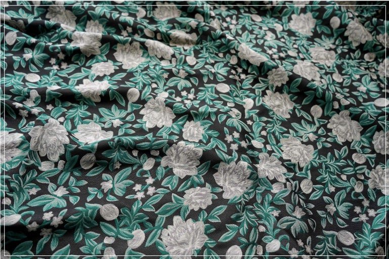 Green Floral Jacquard Fabric: 3D Embossed Cotton Polyester Blend, 59" Wide - Poppylollipop